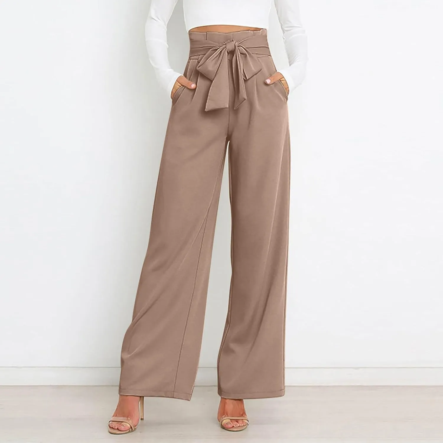 Wide Leg Work Pants for Women Dressy High Waist Bow Tiw Lace Up Baggy Pants Trendy Loose Fit Comfort Business Trousers