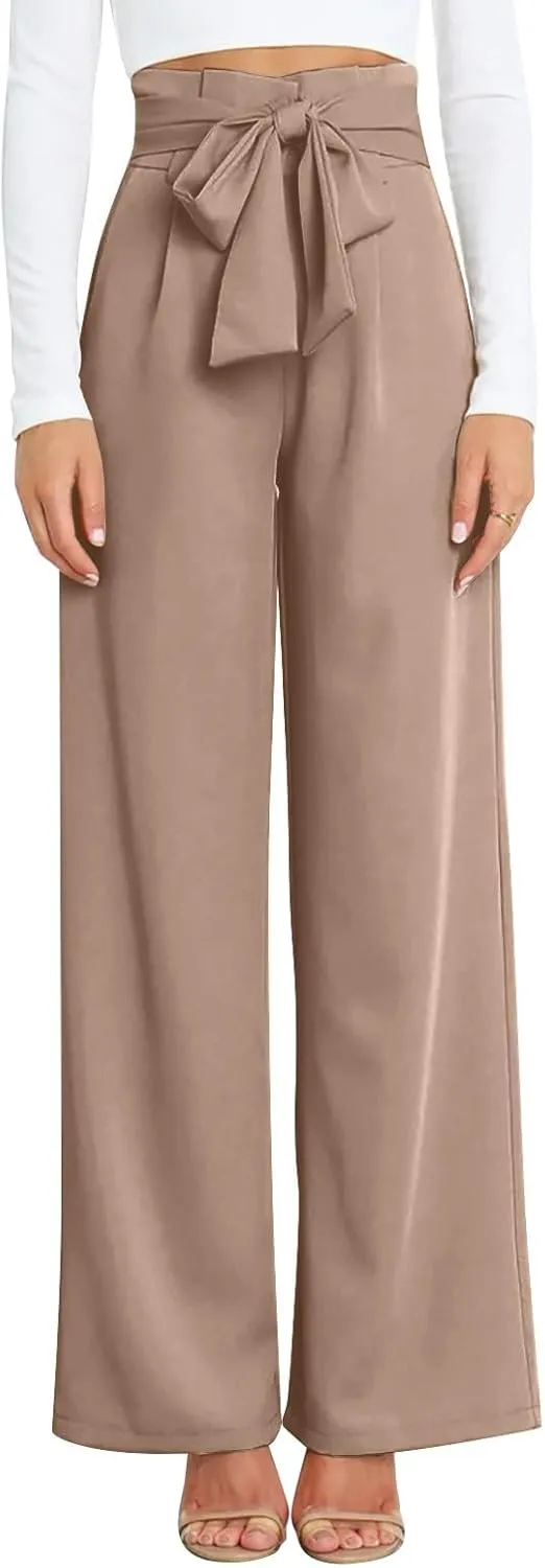 Wide Leg Work Pants for Women Dressy High Waist Bow Tiw Lace Up Baggy Pants Trendy Loose Fit Comfort Business Trousers