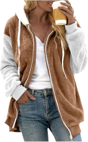 Winter Coat For Women 2023 Fuzzy Fleece Jacket Hooded Color Block Thermal Coat Oversized Fluffy Sherpa Outerwear