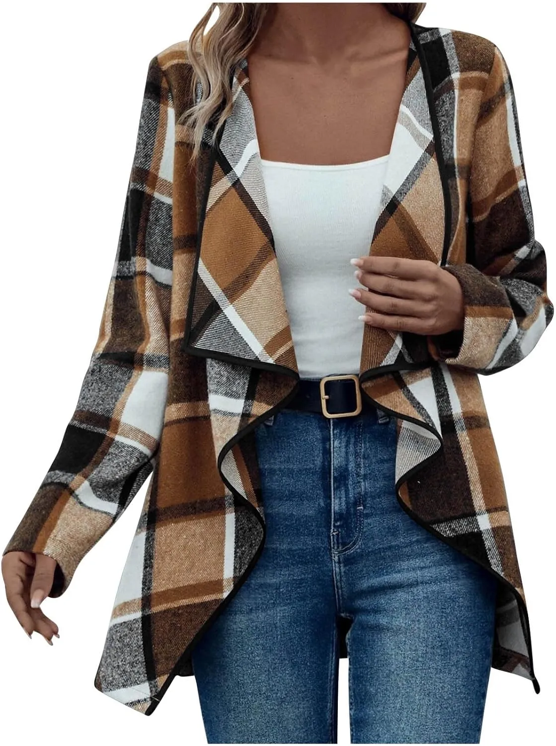 Winter Coats for Women Oversized Casual Cardigan Tops Long Sleeve Hoodless Plaid Jackets 2024 Fall Clothes