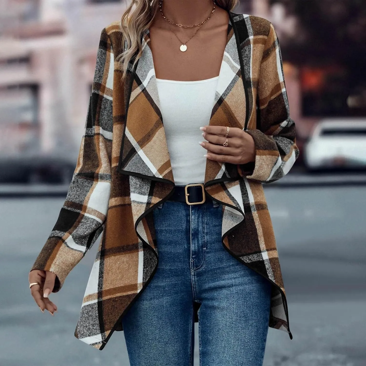 Winter Coats for Women Oversized Casual Cardigan Tops Long Sleeve Hoodless Plaid Jackets 2024 Fall Clothes
