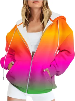Winter Coats for Women Patchwork Color Cardigan Sweatshirts Long Sleeve Drawstring Hoodies with Pockets Jackets