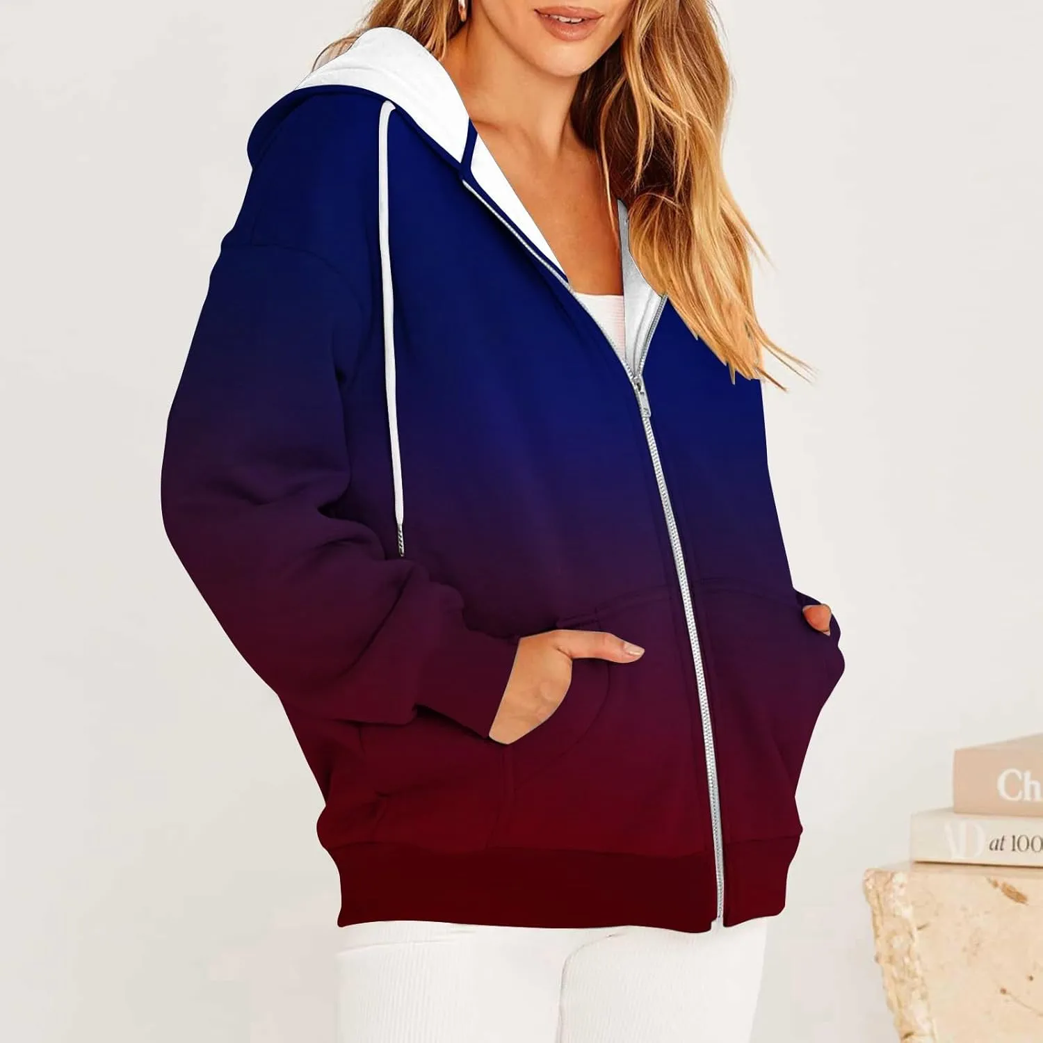 Winter Coats for Women Patchwork Color Cardigan Sweatshirts Long Sleeve Drawstring Hoodies with Pockets Jackets