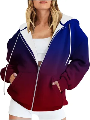 Winter Coats for Women Patchwork Color Cardigan Sweatshirts Long Sleeve Drawstring Hoodies with Pockets Jackets