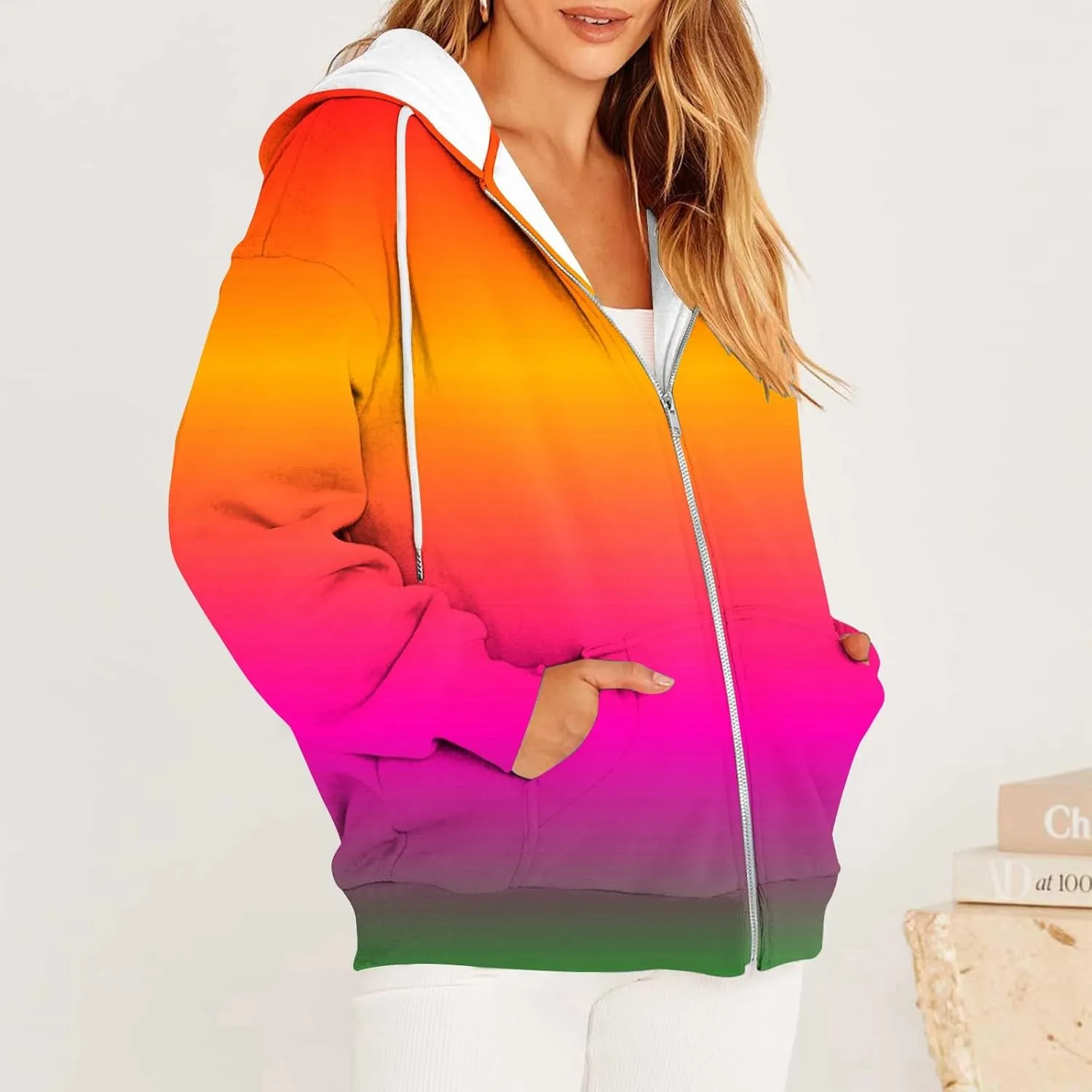 Winter Coats for Women Patchwork Color Cardigan Sweatshirts Long Sleeve Drawstring Hoodies with Pockets Jackets