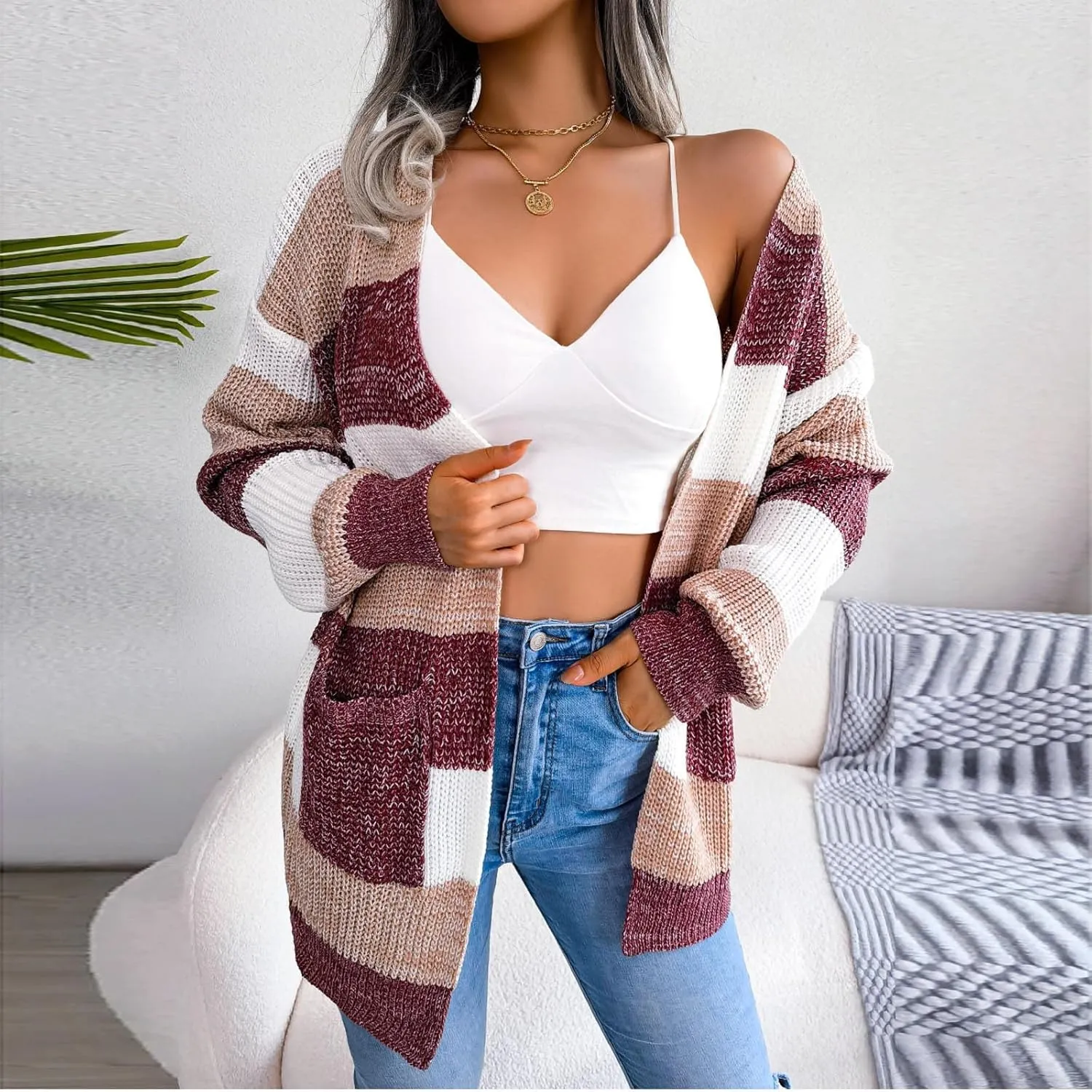 Winter Jackets for Women Plus Size Color Block Striped Cardigan Long Sleeve Lounge Sweater Tops Outerwear