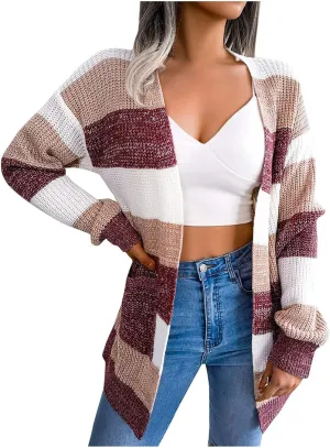 Winter Jackets for Women Plus Size Color Block Striped Cardigan Long Sleeve Lounge Sweater Tops Outerwear