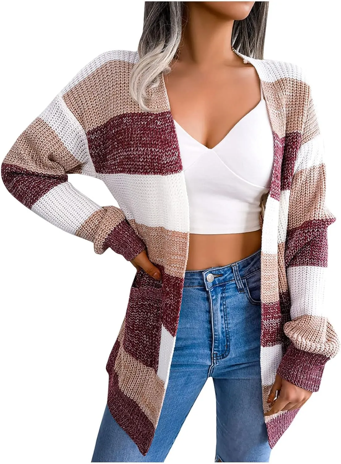 Winter Jackets for Women Plus Size Color Block Striped Cardigan Long Sleeve Lounge Sweater Tops Outerwear