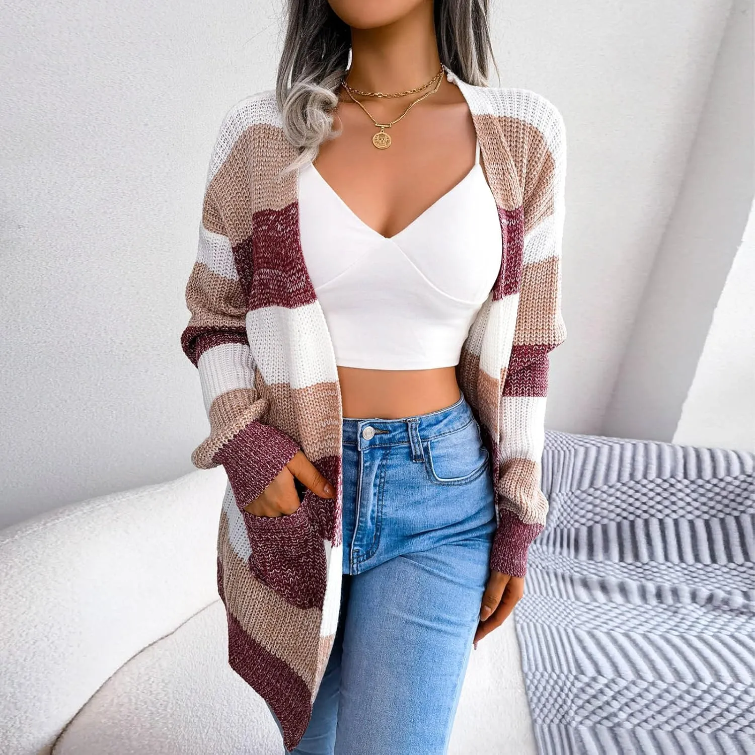 Winter Jackets for Women Plus Size Color Block Striped Cardigan Long Sleeve Lounge Sweater Tops Outerwear