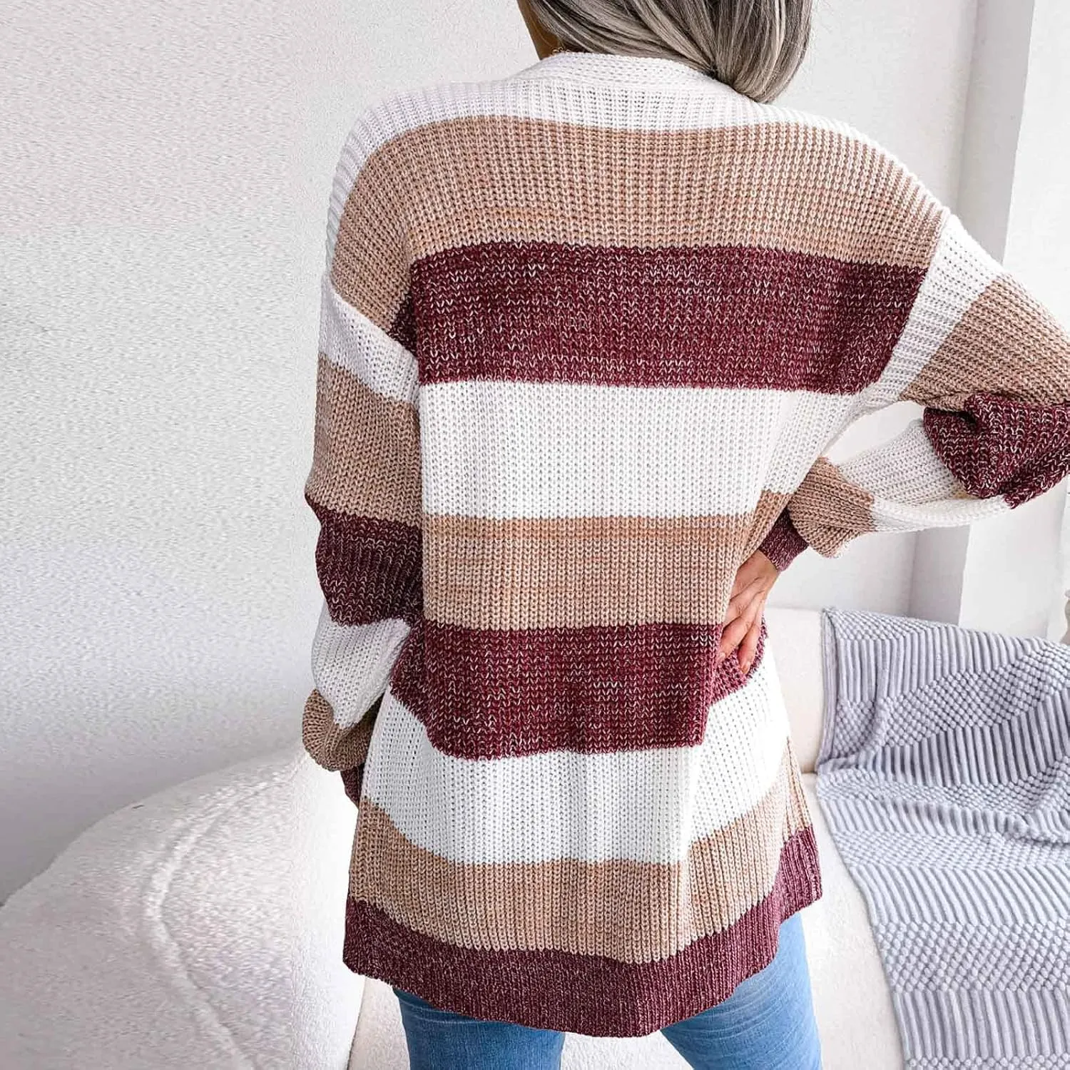 Winter Jackets for Women Plus Size Color Block Striped Cardigan Long Sleeve Lounge Sweater Tops Outerwear