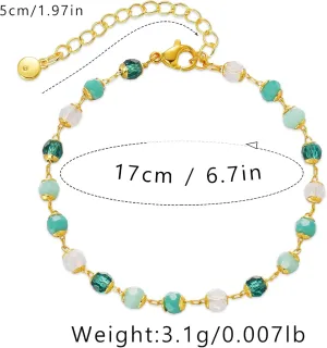 Women 18K Gold Bracelet Green Bead Minimalist Adjustable Curb Figaro Link Chain Bracelets for Christmas Family Birthday Jewelry
