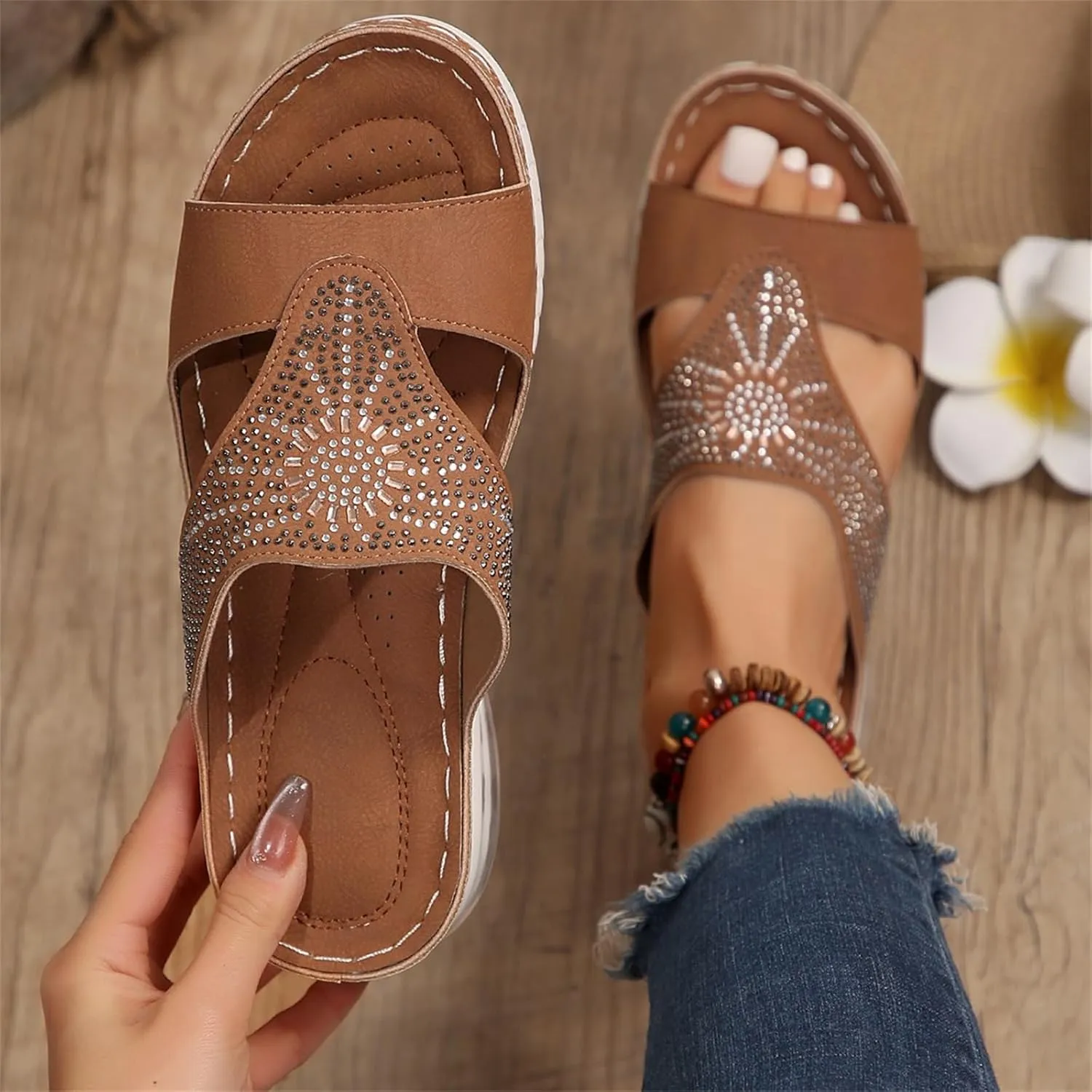 Women Arch Support Slides Orthotic Walking Sandals Orthopedic, Summer Dressy Comfortable Wedge 2025 Non Slip Casual Platform Breathable Leather Shoes Flip Flops Flat Slippers