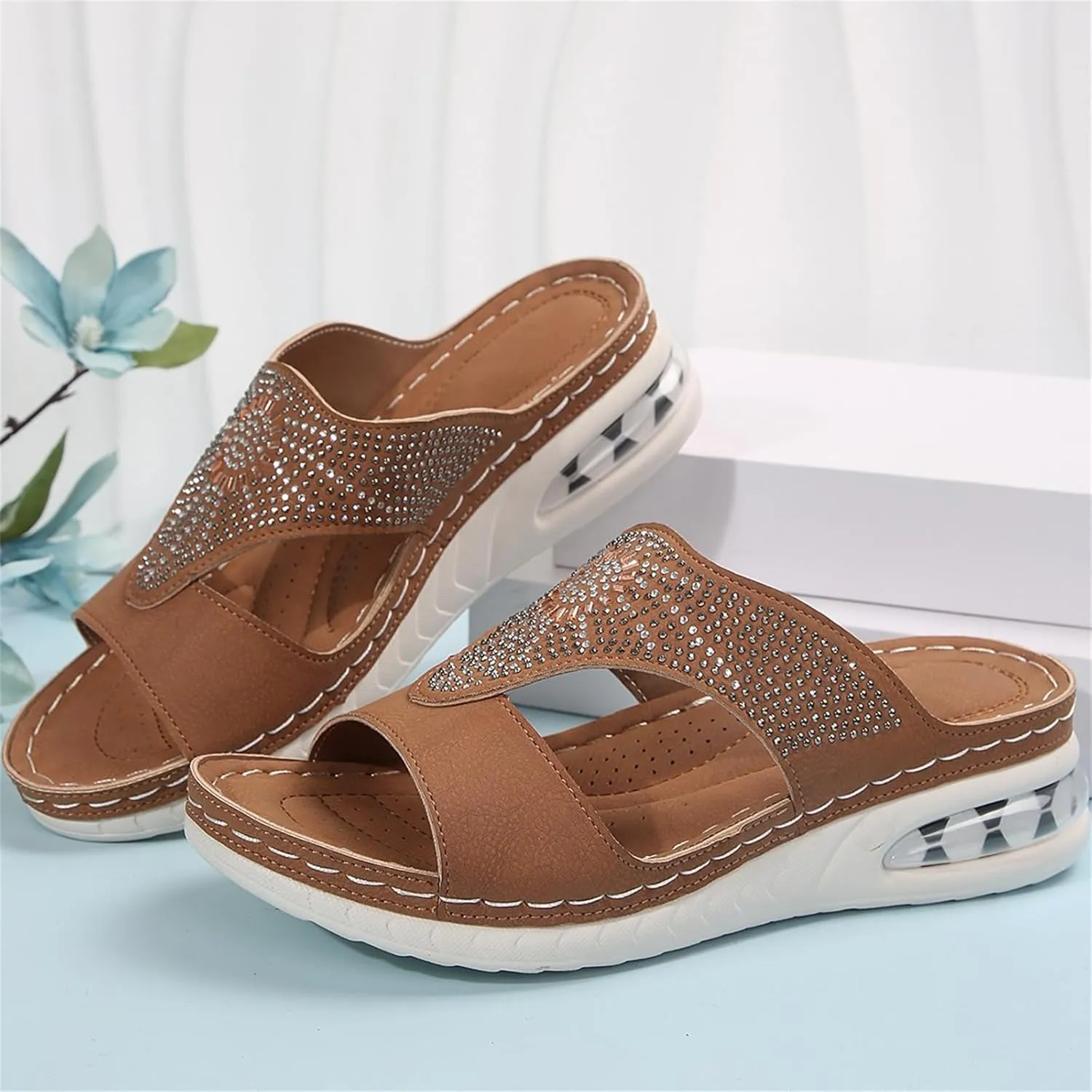 Women Arch Support Slides Orthotic Walking Sandals Orthopedic, Summer Dressy Comfortable Wedge 2025 Non Slip Casual Platform Breathable Leather Shoes Flip Flops Flat Slippers
