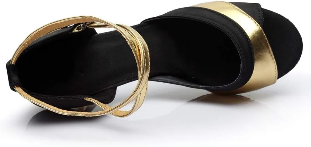 Women Ballroom Dancing Prom Fashion Shoes Ladies Latin Slsa Performance Gold Sparkly Singles Ankle Strap High Heels