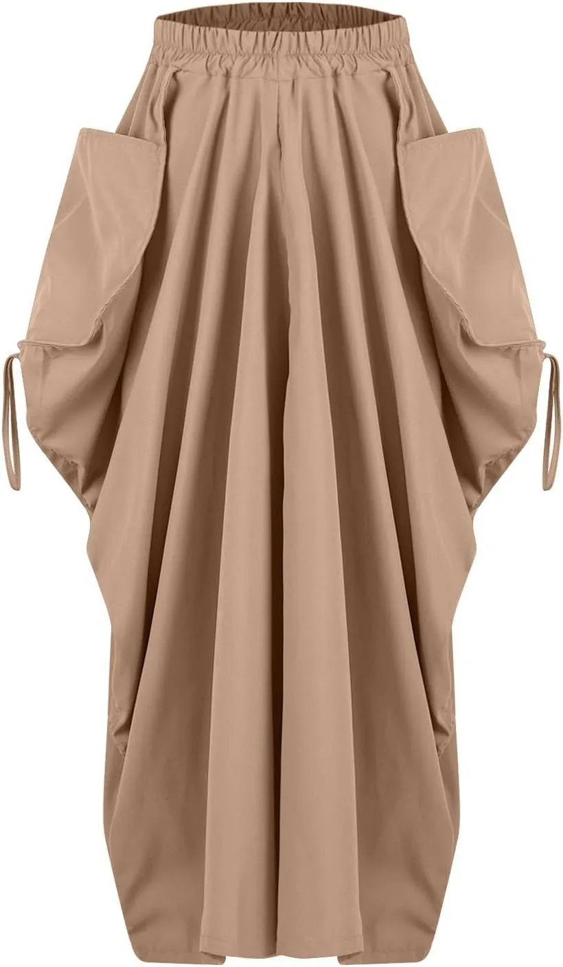 Women Boho Maxi Skirt Elastic High Waist Stretch Long Skirt Casual Y2k Fashion Cargo Skirt with Two Side Pockets