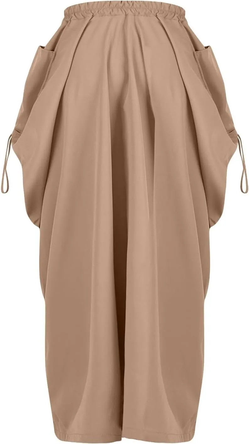 Women Boho Maxi Skirt Elastic High Waist Stretch Long Skirt Casual Y2k Fashion Cargo Skirt with Two Side Pockets