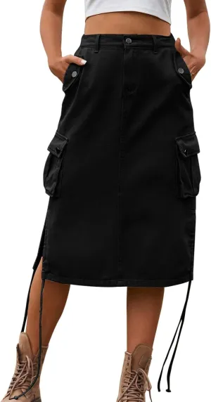 Women Cargo Skirt Long Skirt with Slit for Womens Autumn Retro Solid Skirts Vintage Midi Skirts Summer Long Maxi