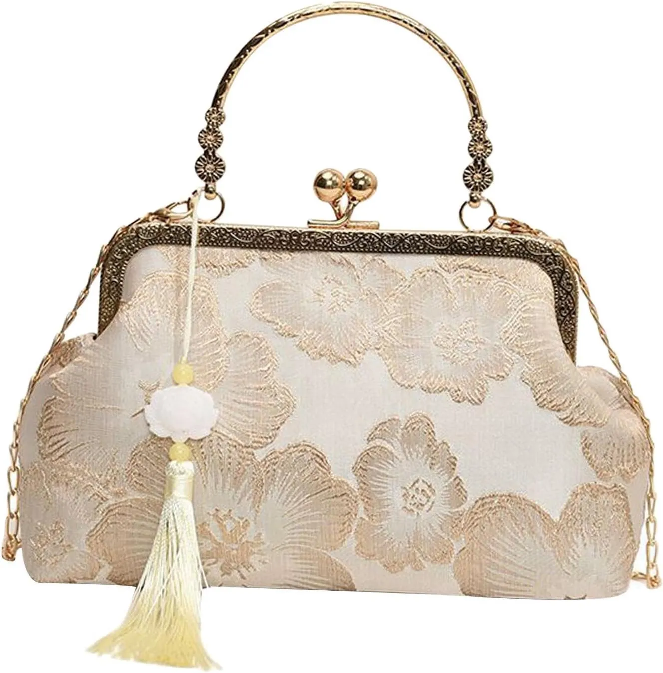 Women Elegance Shoulder Handbag for Evening Wedding Flower Embroidery Clutch Bags,White