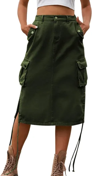 Women Elegant Skirt Long Skirt with Slit for Womens Autumn Retro Solid Midi Skirts with Pocket Pencil Skirt for