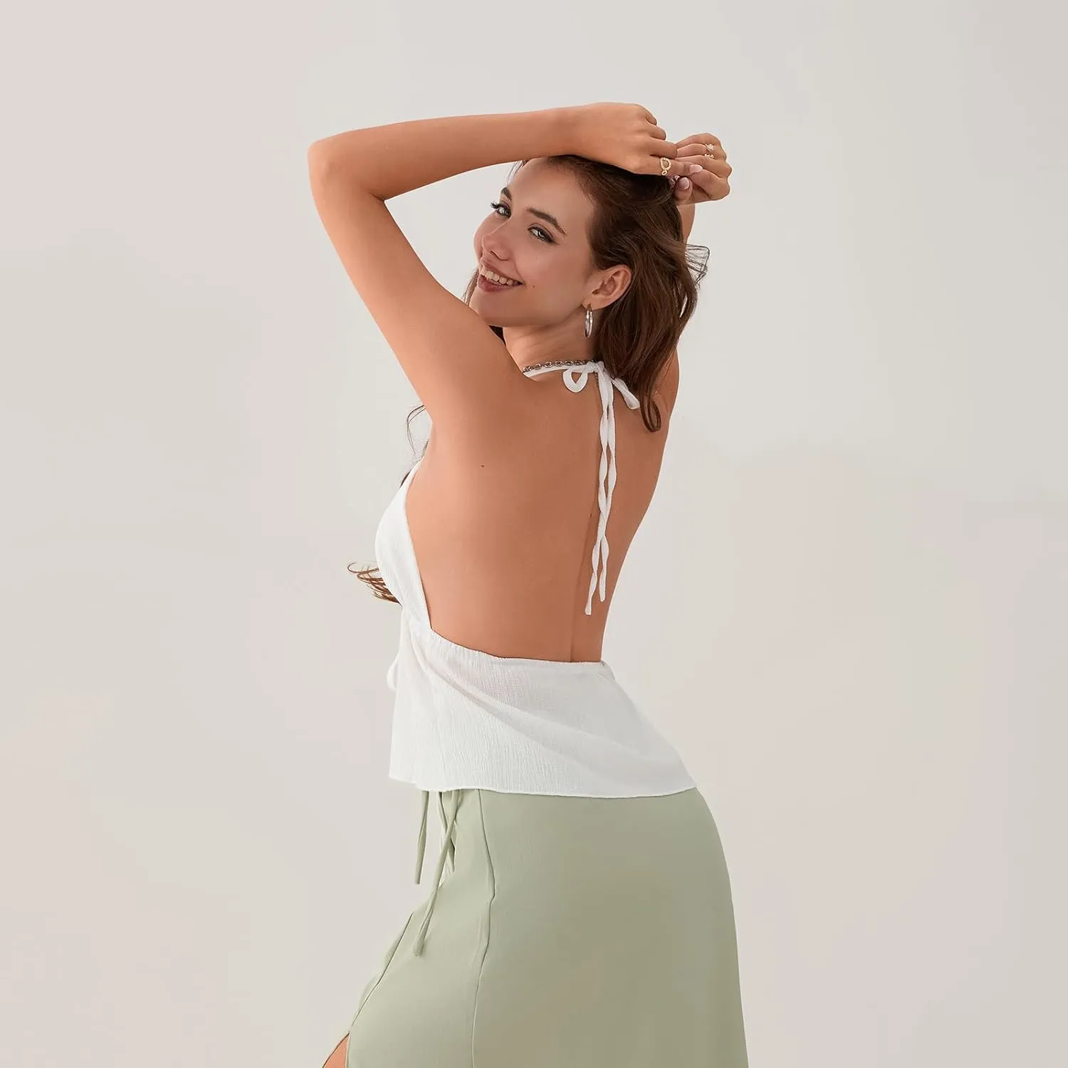 Women Halter Tie Front Tank Tops Y2k Split Flowy Cami Shirt Backless Sexy Going Out Crop Tops