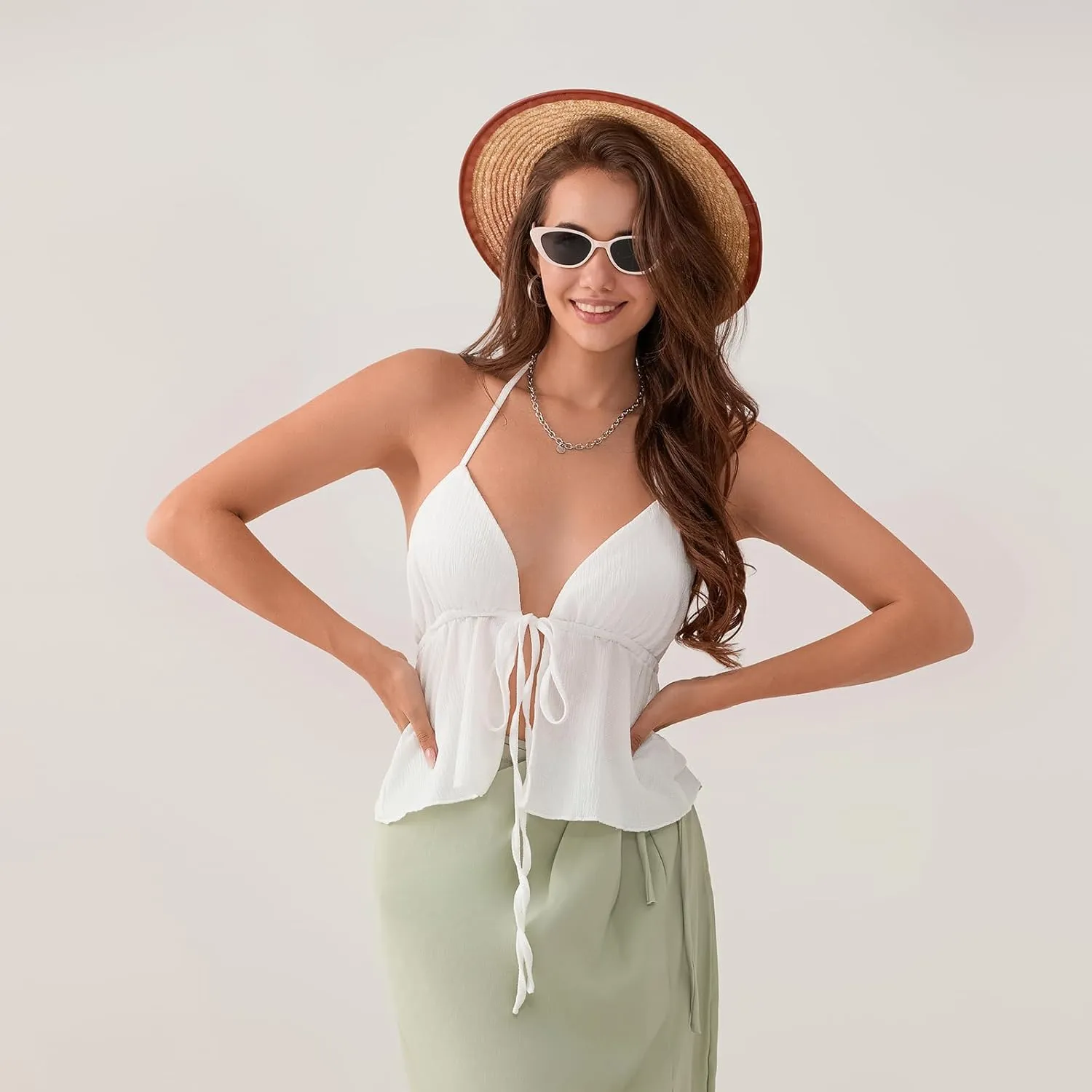 Women Halter Tie Front Tank Tops Y2k Split Flowy Cami Shirt Backless Sexy Going Out Crop Tops