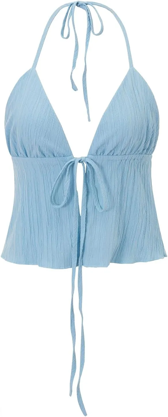 Women Halter Tie Front Tank Tops Y2k Split Flowy Cami Shirt Backless Sexy Going Out Crop Tops