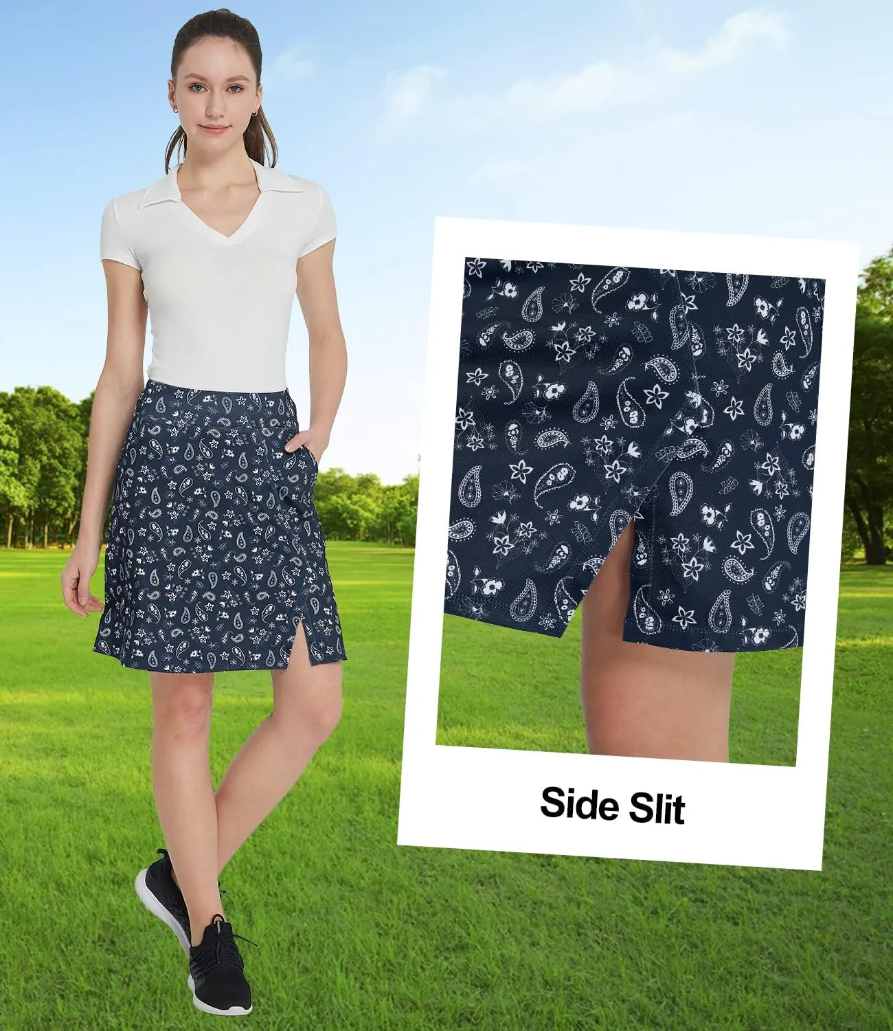 Women Knee Length Skirts Causal Skorts with Pockets Longer Length Golf Skirts Side Slit