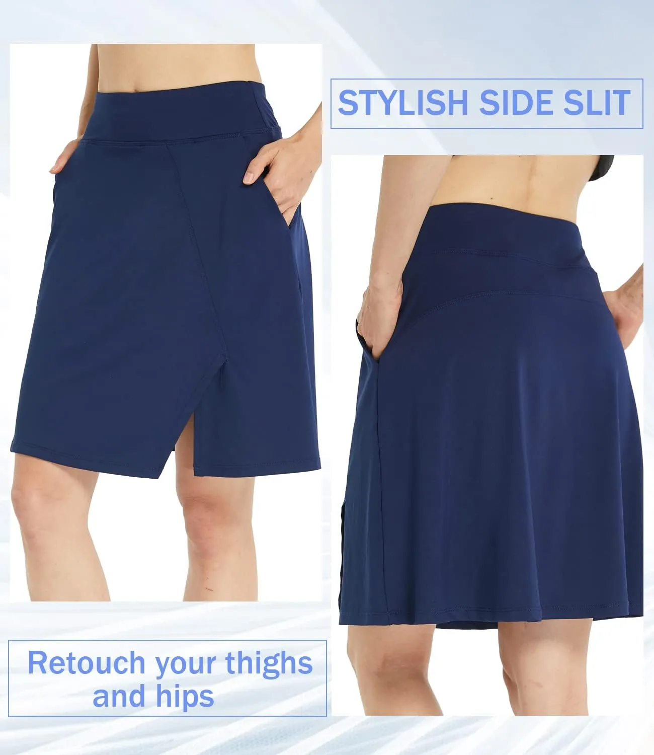 Women Knee Length Skirts Causal Skorts with Pockets Longer Length Golf Skirts Side Slit