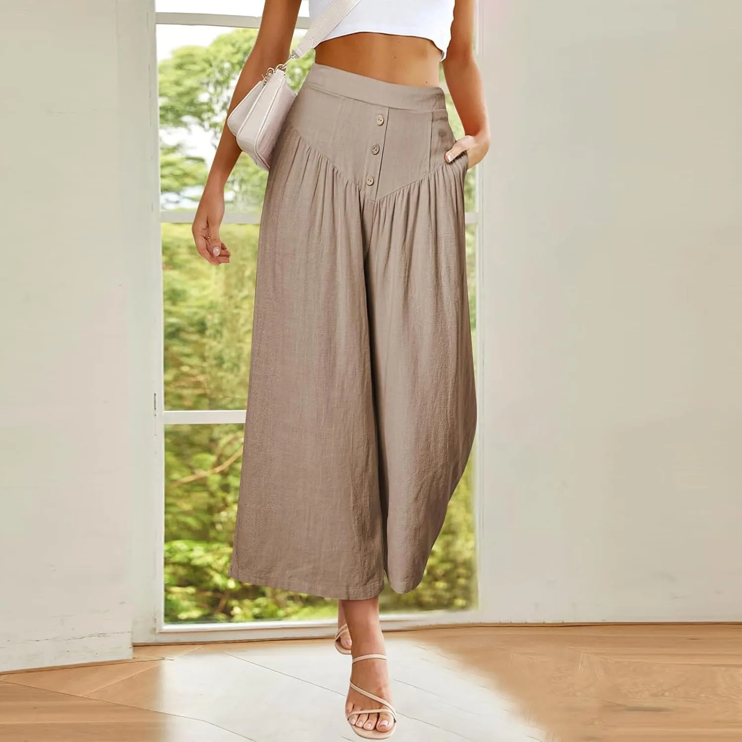 Women Linen Pants Summer Wide Leg Cropped Pants Plus Size Linen Capris Button Flowy Palazzo Pants Boho Beach Pants