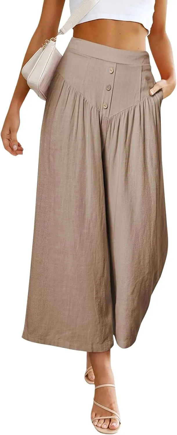 Women Linen Pants Summer Wide Leg Cropped Pants Plus Size Linen Capris Button Flowy Palazzo Pants Boho Beach Pants