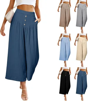 Women Linen Pants Summer Wide Leg Cropped Pants Plus Size Linen Capris Button Flowy Palazzo Pants Boho Beach Pants