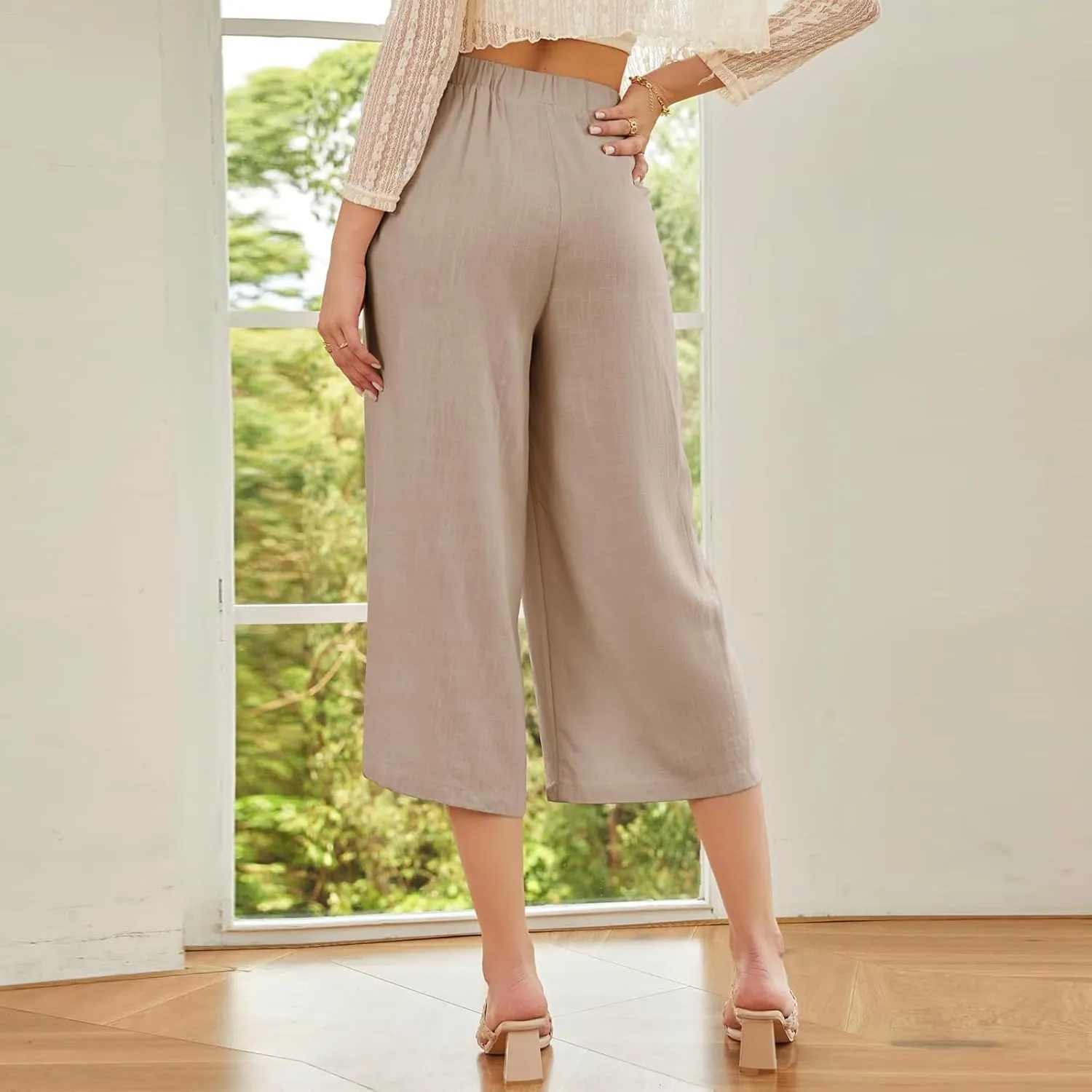 Women Linen Pants Summer Wide Leg Cropped Pants Plus Size Linen Capris Button Flowy Palazzo Pants Boho Beach Pants