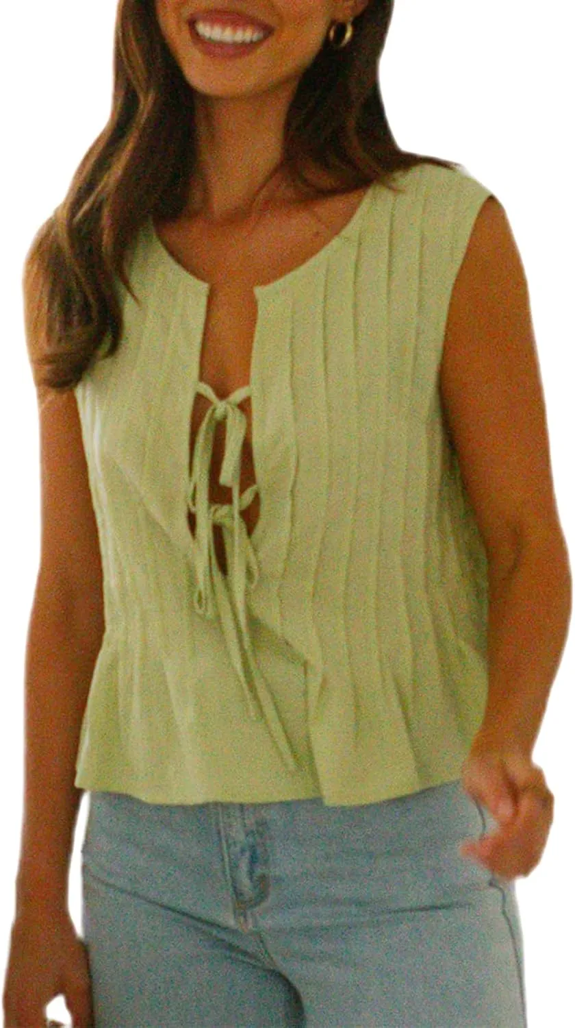 Women Pleated Crop Tank Tops Sleeveless Bow Tie Babydoll Peplum Shirt Going Out Blouse Loose Summer Vacation Vest