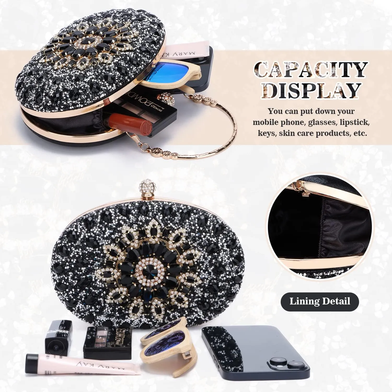 Women Rhinestone Evening Clutch Purse Bag Bling Glitter Sparkly Diamond Tote Bag Crystal Wedding Party Bag
