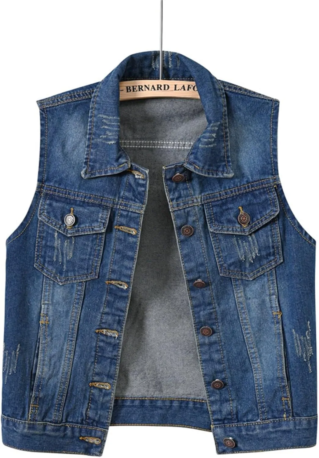 Women Summer Casual Frayed Denim Waistcoat Lapel Sleeveless Button Down Ripped Jacket Vest with Pockets