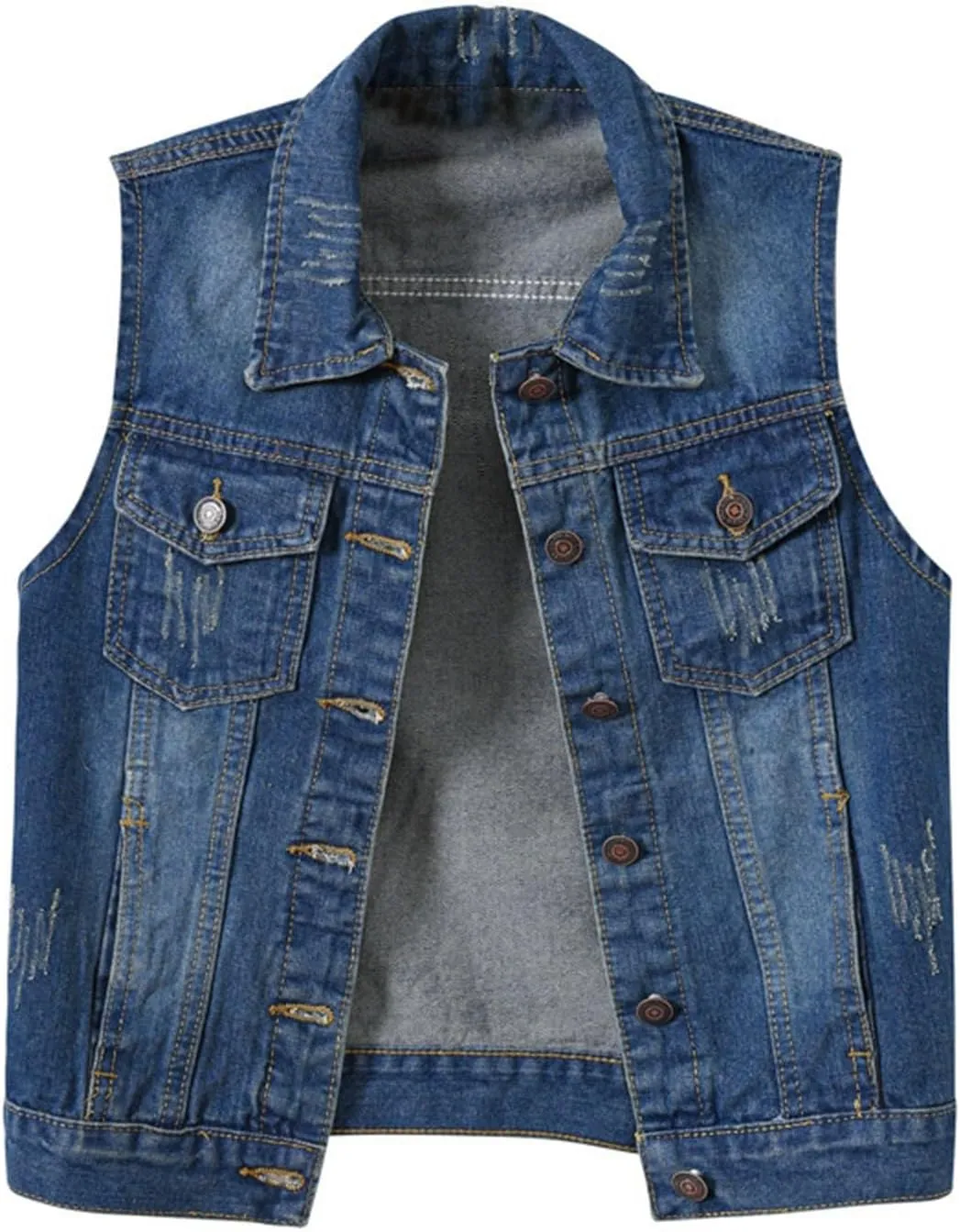 Women Summer Casual Frayed Denim Waistcoat Lapel Sleeveless Button Down Ripped Jacket Vest with Pockets