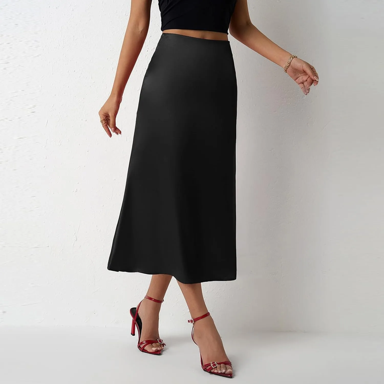 Women Summer Spring High Waist Satin Skirt Party Wedding Flowy Elegant A-Line Midi Skirts 2025, S-2XL