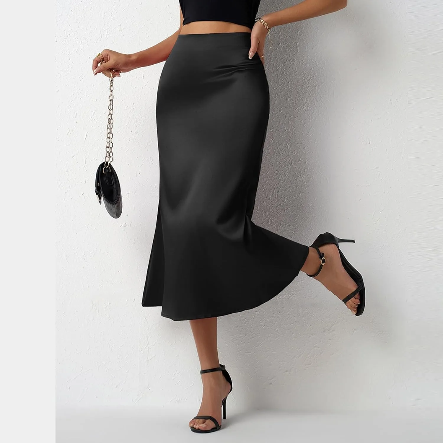 Women Summer Spring High Waist Satin Skirt Party Wedding Flowy Elegant A-Line Midi Skirts 2025, S-2XL