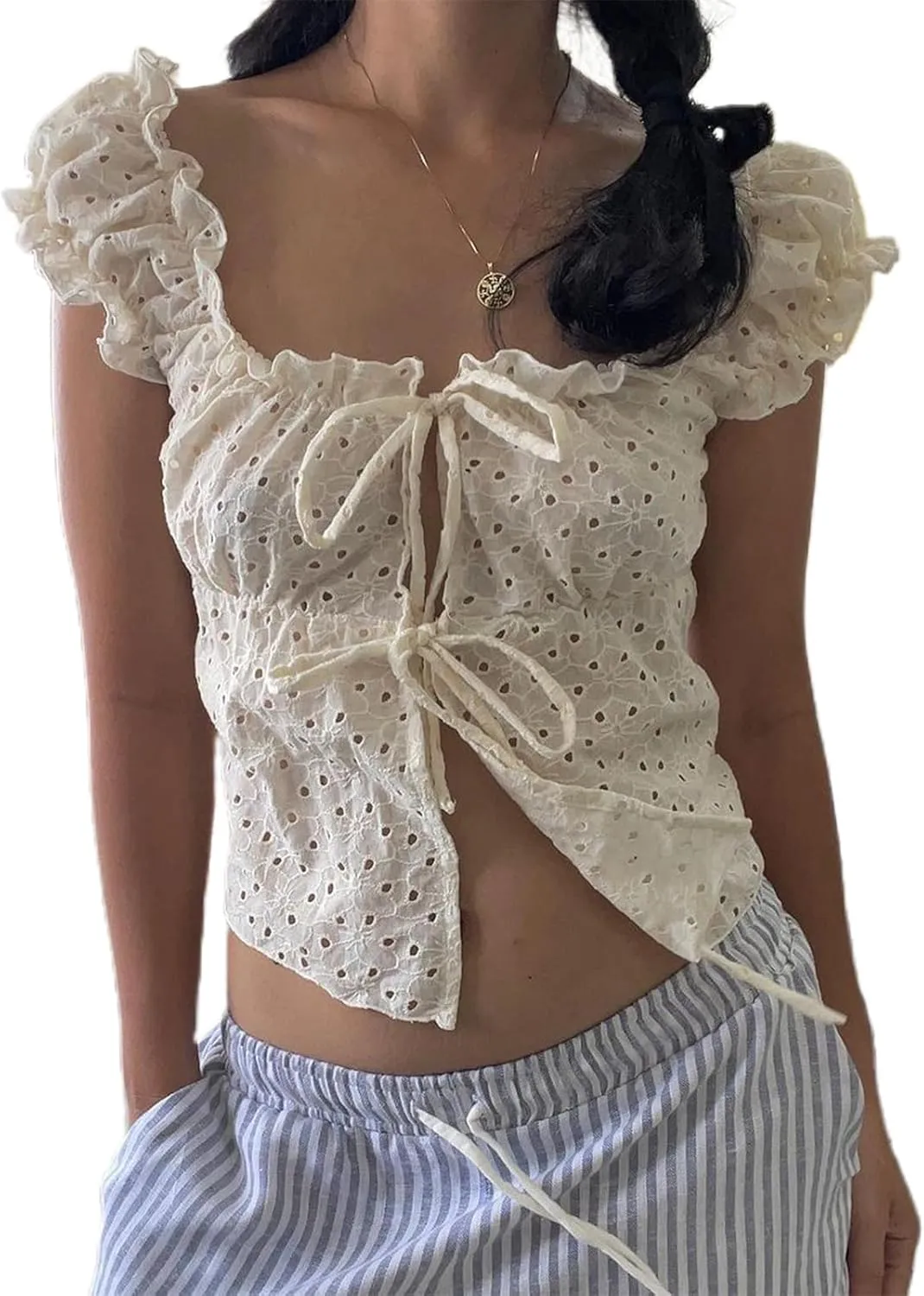 Women Tie Front Tank Top Y2k Sleeveless Button up Shirt Eyelet Floral Embroidery Cami Vest Crop Top
