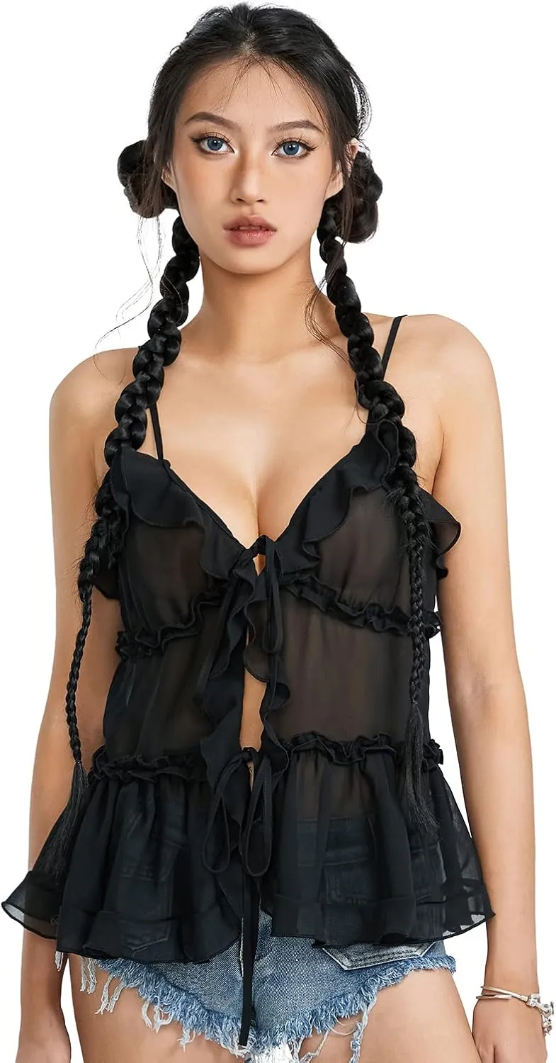 Women Tie Front Tank Top Y2k Sleeveless Button up Shirt Eyelet Floral Embroidery Cami Vest Crop Top