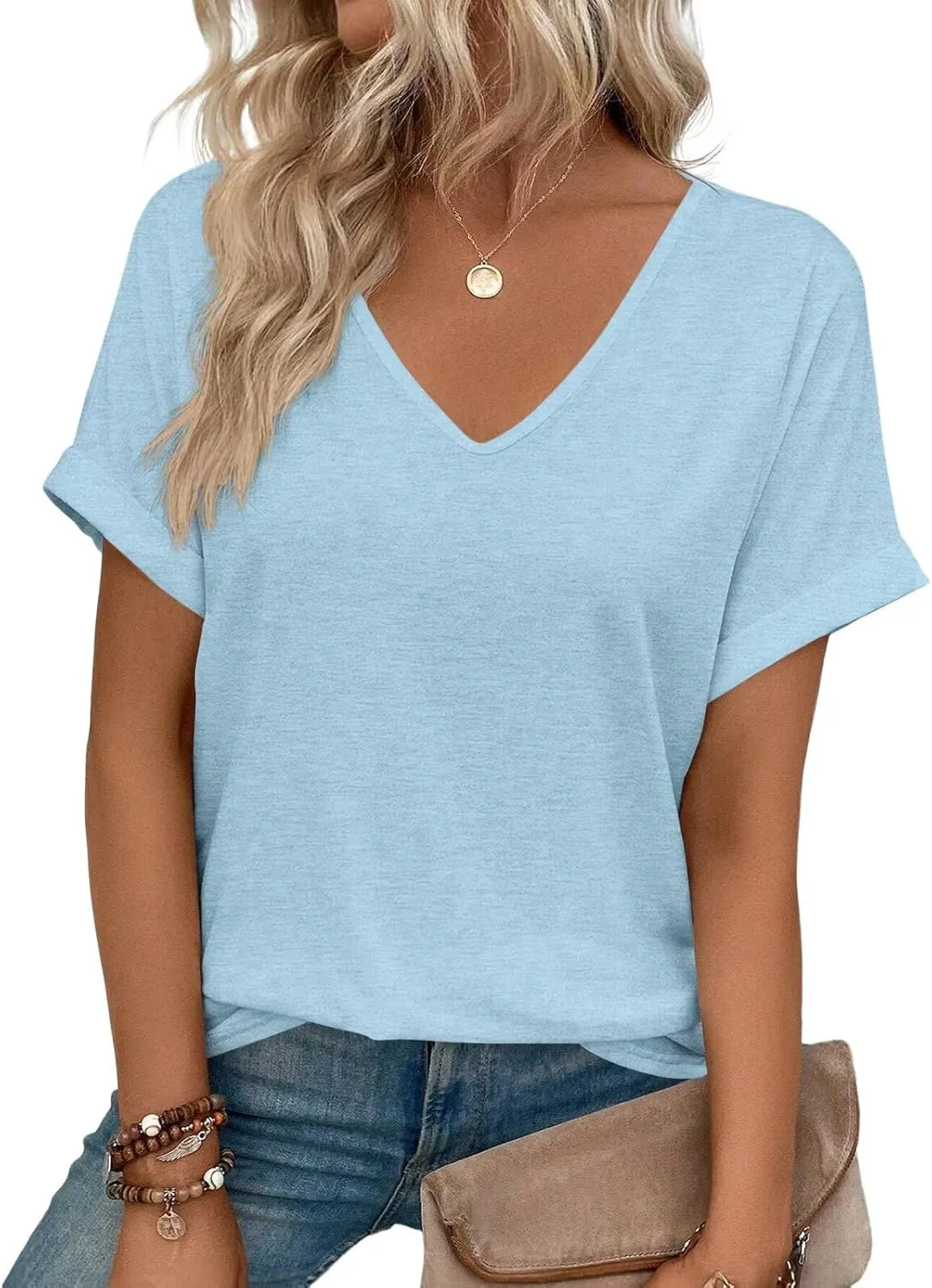 Women V Neck Rolled Sleeve Tops Summer Curved Hem Short Sleeve T Shirts Loose Fit Tees 2025