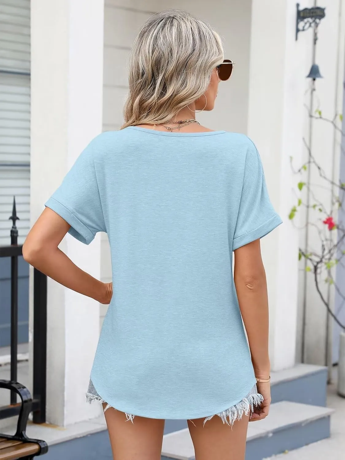 Women V Neck Rolled Sleeve Tops Summer Curved Hem Short Sleeve T Shirts Loose Fit Tees 2025