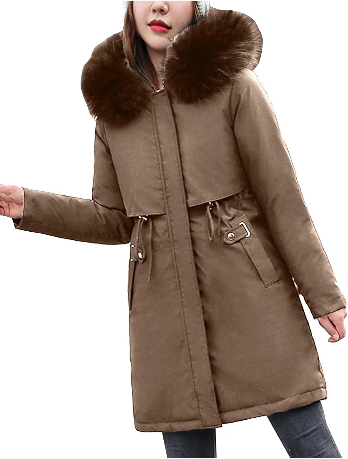 Women Winter Coats Solid Thicken Fleece Cotton Jackets Zipper Long Sleeve Down Coats with Pockets Outerwear
