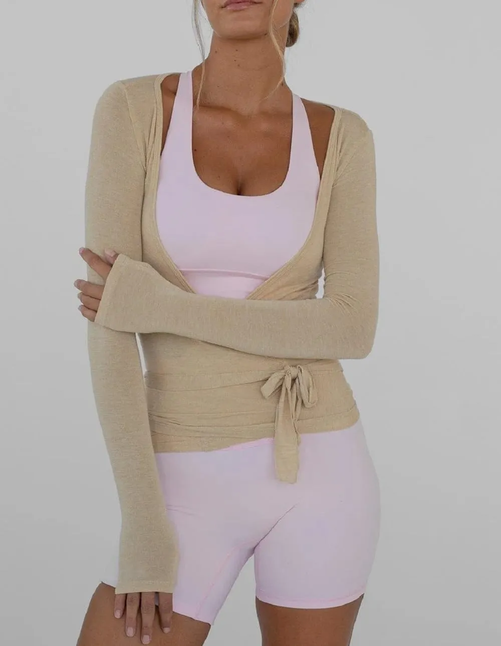 Women Wrap Yoga Shirts Long Sleeve Deep V Neck Tie Front Workout T Shirts Casual Slim Fit Sports Active Tops