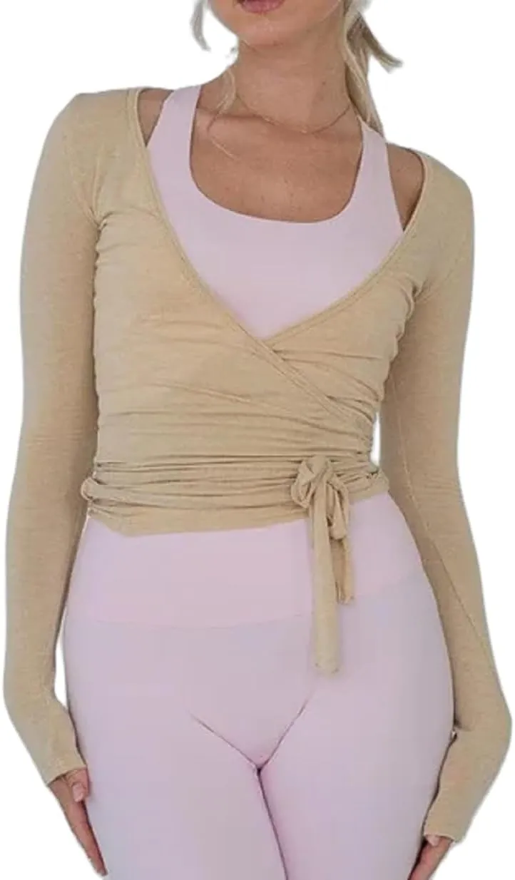Women Wrap Yoga Shirts Long Sleeve Deep V Neck Tie Front Workout T Shirts Casual Slim Fit Sports Active Tops
