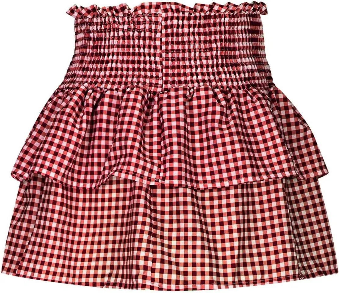Women Y2k Plaid Mini Skirt Ruffle Layered Short Skirt Gingham A Line Skirt Cute Summer Smocked High Waist Skirts