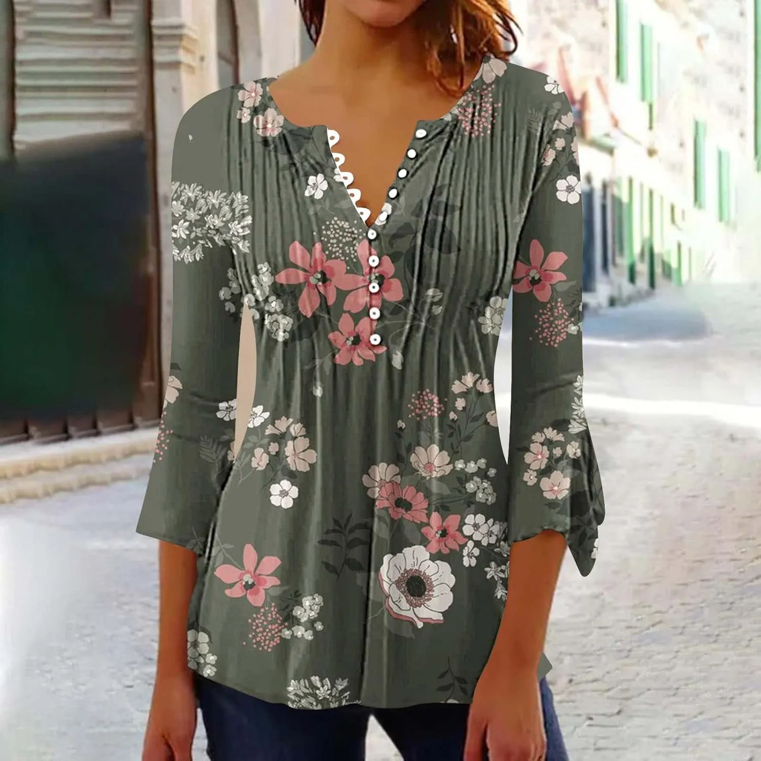 Women's Blouses & Button-Down Shirts Vintage Floral Print Boho Empire Waist Tunic Tops Spring Fashion 3/4 Sleeve Tees