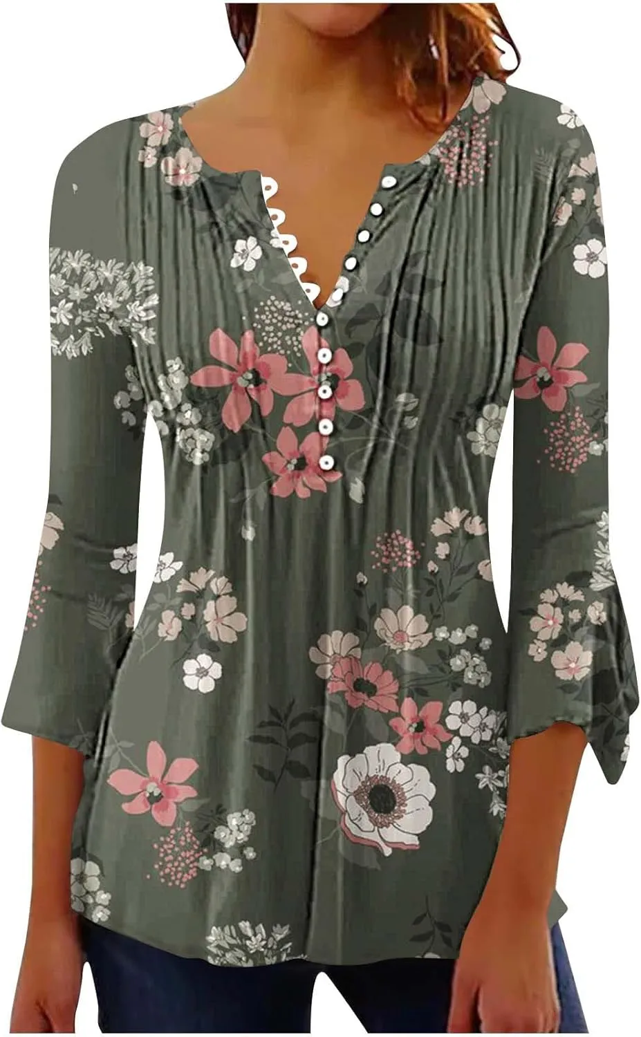 Women's Blouses & Button-Down Shirts Vintage Floral Print Boho Empire Waist Tunic Tops Spring Fashion 3/4 Sleeve Tees