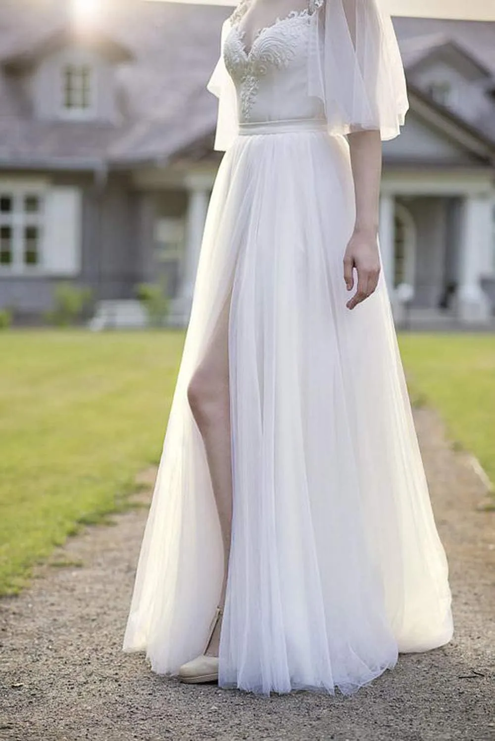 Women's Bridal Long Maxi Tulle Skirts with Side Split A Line Floor Length High Waisted Tutu for Wedding Bridesmaid Party