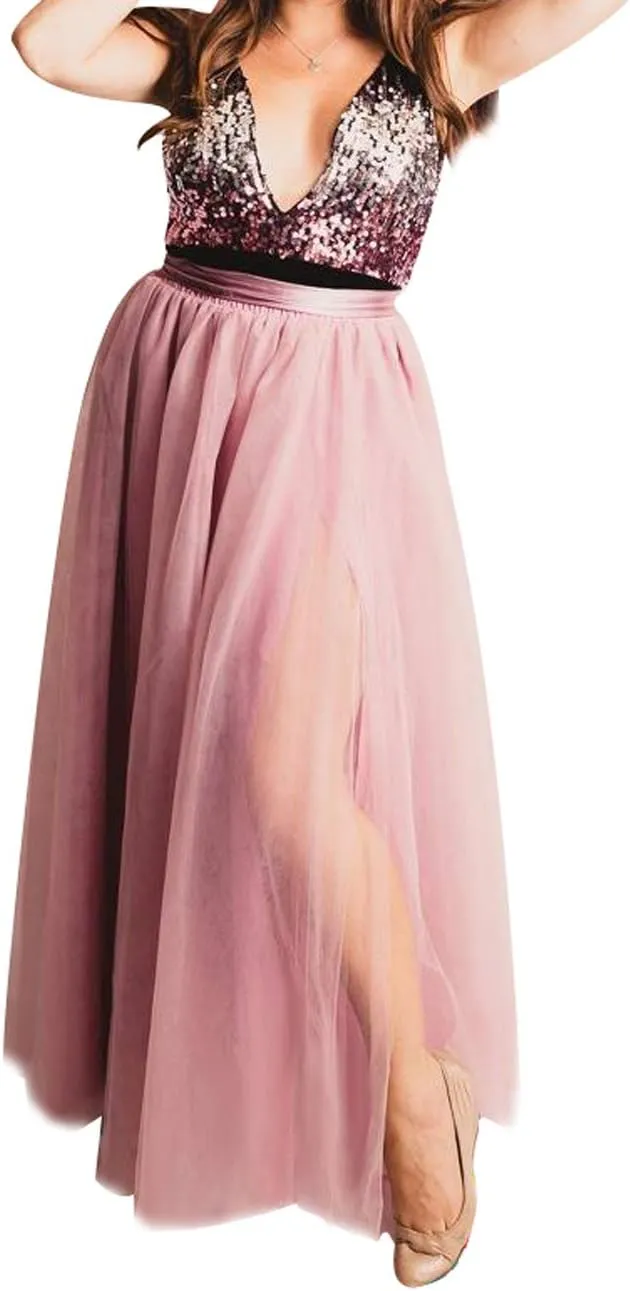 Women's Bridal Long Maxi Tulle Skirts with Side Split A Line Floor Length High Waisted Tutu for Wedding Bridesmaid Party